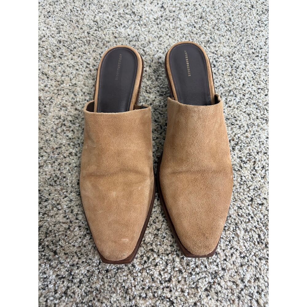 Anthropologie Suede Mules 41 US 10-10.5 Pointed Toe Tan Beige